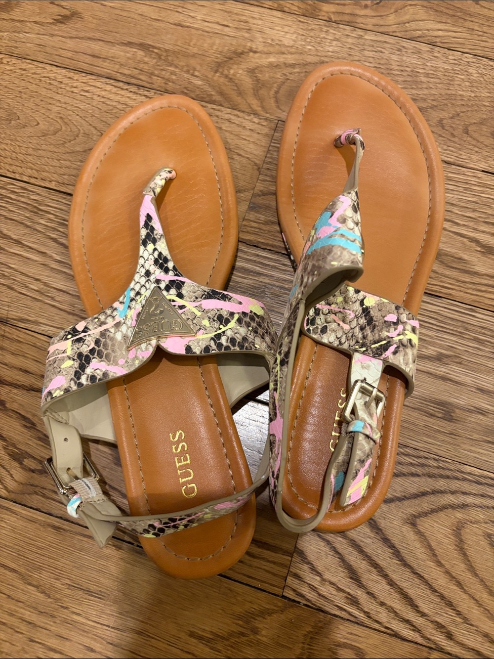 GUESS Tan Snake-Print Sandals with Pink & Blue Accents